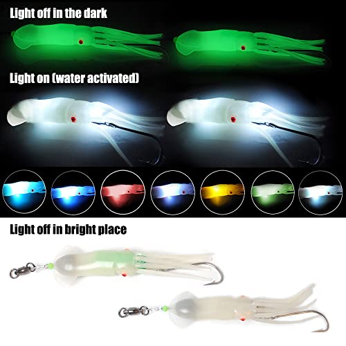 Dr.Fish Saltwater Squid Fishing Lures, 6" LED Lighted Lures 6/0 Hooks Squid Jig Rig Halibut Lincod Jig Offshore Trolling Baits Deep Drop Light Glow in Dark Mackerel Tuna Striper Lures - color: Red LED, size: 6/0 J Hook-6"(2.5oz)