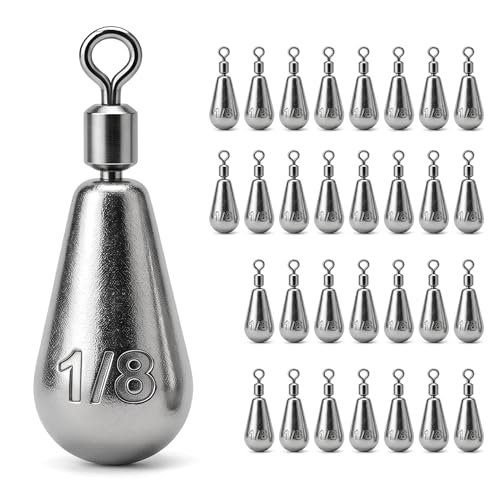 Drop Shot Fishing Weights with Rolling Swivel Streamlined Lead Fishing Sinkers for Freshwater Saltwater Catfish Bass Casting Fishing and Bottom Fishing Rigs - size: 1/8oz-30pcs-teardrop1