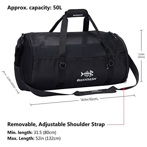 BASSDASH Mesh Duffel with Removable Shoulder Strap Wader Bag for Fishing Hunting Travel Sport Gym Beach Snorkeling FP06
