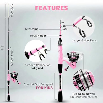 DaddyGoFish Spinning Fishing Rod and Reel Combo Set with Tackle Box | Kids Fishing Pole | Carbon Fiber Telescopic Fishing Rod Kit | Spinning Reel for Travel Saltwater Freshwater Fishing Gear Kit - color: Pink