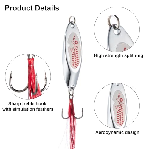 Goture Metal Spoon Trout Lures - Long Distance Casting for Trout, Bass, Crappie, Pike, Salmon - Saltwater & Freshwater - 1/4oz to 1-3/8oz Jigging Spoons - color: A:10pcs Fishing Spoons with Feather, size: 1/4 oz