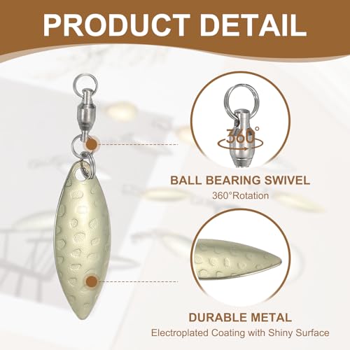 PATIKIL Tail Spinner Fishing Blades with Ball Bearing Swivels 1.8x0.4 Inch, 10 Pack Spinnerbait Lure Making Supplies for Fishing Lures Willow Blade, Gold