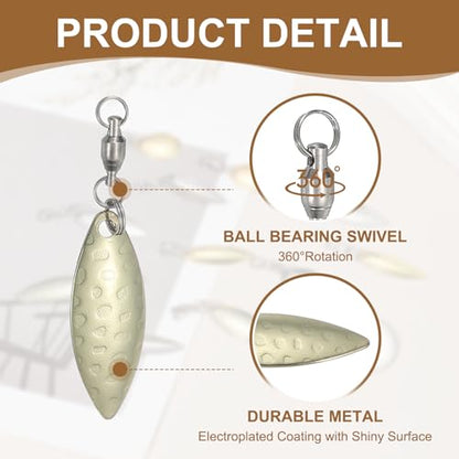 PATIKIL Tail Spinner Fishing Blades with Ball Bearing Swivels 1.8x0.4 Inch, 10 Pack Spinnerbait Lure Making Supplies for Fishing Lures Willow Blade, Gold