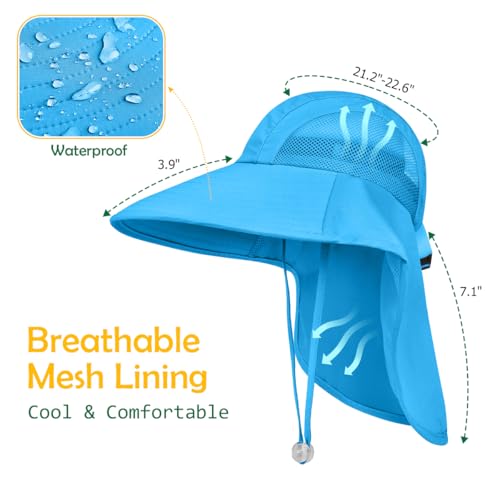 Kids Sun Hat UPF50+ Summer Beach Play Sun Protection Hats with Neck Flap for Ages 5~14 Girls Boys - color: Blue