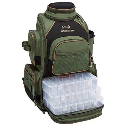BASSDASH Fishing Tackle Backpack Water Resistant Tactical Bag Soft Tackle Box with Rod Holder and Protective Rain Cover - color: Green Backpack [3670] With 4 Trays