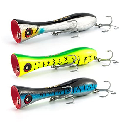 Dr.Fish Popper Saltwater Fishing Lures, 8 Inches GT Popper VMC Treble Hooks Surf Fishing Lures for Striper Tuna Barracuda Mackerel Snapper Bluefish Pencil Plugs Offshore - color: Chrome Black, Chartreuse, Blue Mackerel-3 Pack