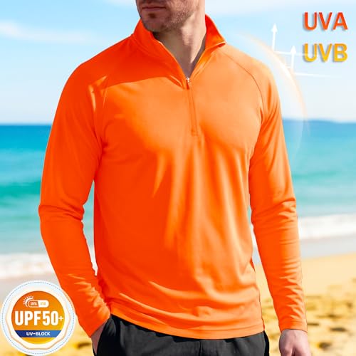 MAGCOMSEN Men's Long Sleeve Sun Shirts UPF 50+ Tees 1/4 Zip Fishing Running Rash Guard Athletic T-Shirts - color: Orange, size: Medium