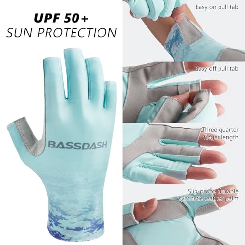 Bassdash ALTIMATE UPF 50+ Women’s Fishing Gloves UV Sun Protection Fingerless Gloves for Kayaking Paddling Hiking Cycling Driving Shooting Training - color: Seafoam Digital Gradient, size: Medium