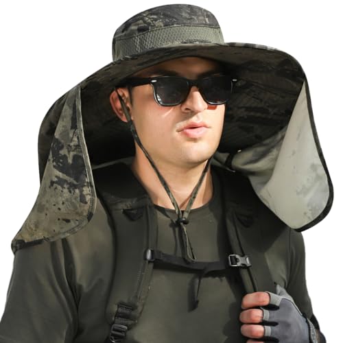 HUAMULAN Men Summer Sun Hat Women Safari Wide Brim Fishing Hats UV Protection Neck Flap Bucket Gardening Hiking Hunting Cap - color: Hyp016-junlv-smo