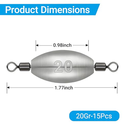 Polsefve Inline Trolling Fishing Weights with Inner Swivels, Oval Drop Casting Sinkers Lead Sinker Tackle for Catfish Bass Saltwater & Freshwater Bottom Fish(10g/15g/20g/30g/40g/60g) - color: 3/4oz-15pcs