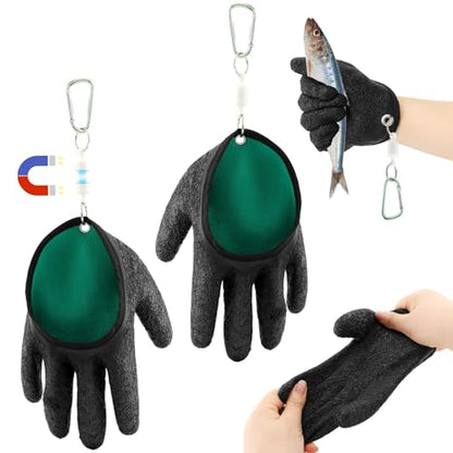 2Pcs Fishing Gloves with Magnet Release, Professional Fisherman Catch Fish Glove Quick Drying, Anti-Slip Puncture Proof Fish Handling Glove for Handling,Catching,Cleaning - color: Green
