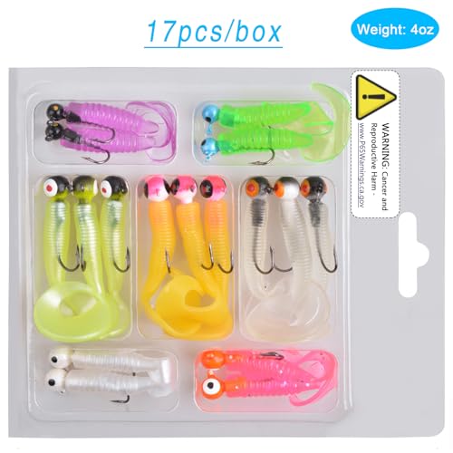 Grub Fishing Lures Jig Heads Hooks Kit, Crappie Lures Tube Baits Soft Worms Grub Tail Crappie Jigs for Bass Trout Bluegill Panfish Fishing 17-140pcs - color: 17pcs/kit