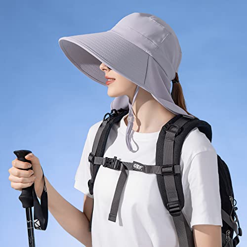 HUAMULAN Men Summer Sun Hat Women Safari Wide Brim Fishing Hats UV Protection Neck Flap Bucket Gardening Hiking Hunting Cap - color: Bg8112-lightgray
