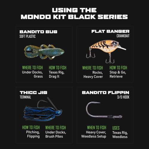 Googan Squad Mondo Kit Bass Fishing Lure Sets for Largemouth & Smallmouth Bass – Includes Premium Tackle & Mystery Box Essentials - color: Black Series