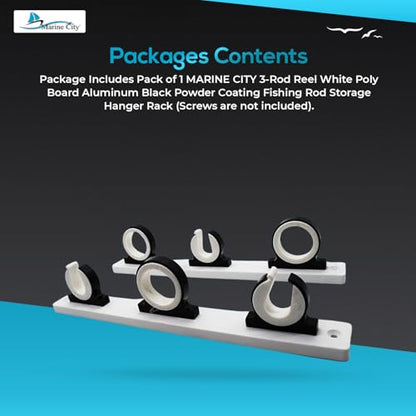 MARINE CITY 3-Rod Reel Fishing Rod Storage Hanger Rack with White Poly Board – Aluminum Black Powder Coating, Ideal for Marines, Boats, Vans, and Cars (Pack of 1) - color: 3 Rod (Aluminum, Black)