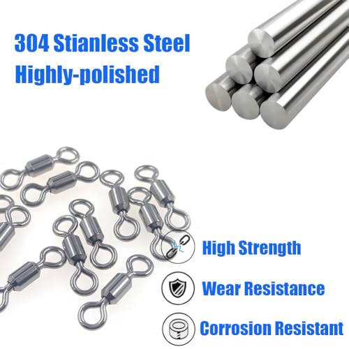 100 Pcs Fishing Swivels Saltwater, 100% 304 Stainless Steel Power Swivel Corrosion Resistance Barrel Swivels High Strength Freshwater Fishing Line Lure Leader Connectors - size: 10# 0.35" / 70LB