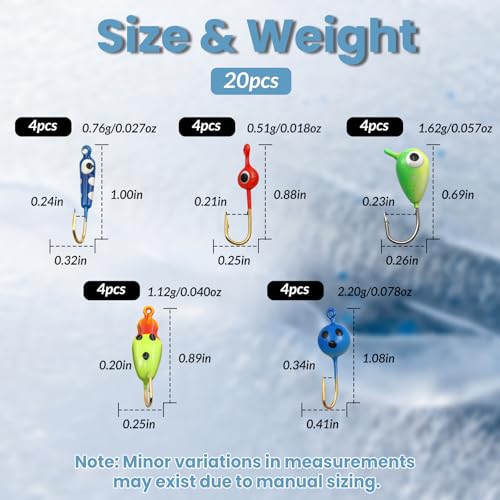 Glow Ice Fishing Jigs | Winter Ice Fishing Lures Set | Micro Jig Head for Pike, Panfish, Crappie, Perch, Walleye, Trout, Bluegill - with Storage Box - color: 20pcs