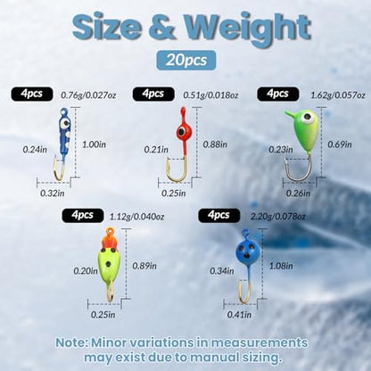 Natufish Glow Ice Fishing Jigs | Winter Ice Fishing Lures Set | Micro Jig Head for Pike, Panfish, Crappie, Perch, Walleye, Trout, Bluegill - with Storage Box - color: 20pcs