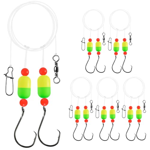 Alwonder 5-Pack Pompano Rigs Surf Fishing Rigs with Snell Floats, Saltwater Live Bait Rig Swivels Duo Lock Snaps Circle Wide Gap Kahle Hooks Rig for Beach Surf Casting Pier Jetty Fishing - color: Green & Yellow 5-Pack, size: #2/0 Circle Hook