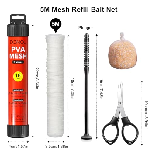 DONQL 5M PVA Mesh Carp Fishing with Scissors, 45" Fast Water Soluble Mesh Bags Refill Bait with Plunger, PVA Bags Carp Fishing Refill Stocking for Boilie Rig Pellets Bags Holder - size: 18mm