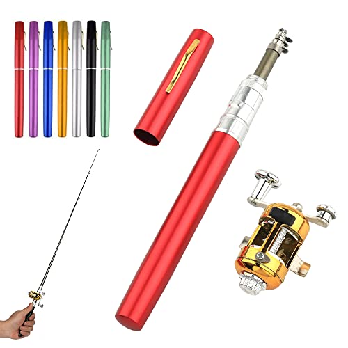2023 Pocket Size Fishing Rod, 38inch Mini Fishing Pole Pen Fishing Rod Reel Set, Aluminum Alloy Telescopic Fishing Rod Collapsible Fishing Pole Kit - color: Red