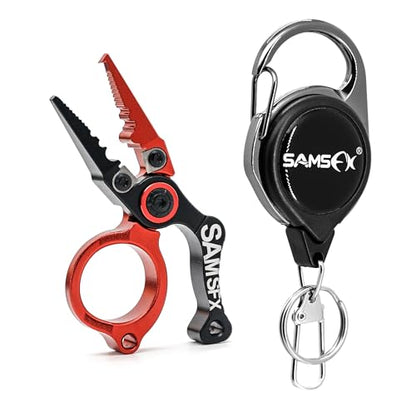 SAMSFX Mini Fishing Pliers with Fly Fishing Zinger Retractor, Fish Hook Remover Tool, Split Ring Pliers for Saltwater & Freshwater, Tungsten Carbide Cutters, Fishing Gear Gift for Anglers - color: Red