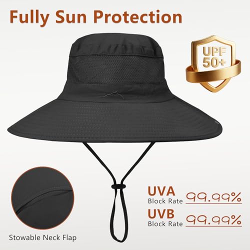 ZOORON Sun Hats for Men Women Fishing Hat with Neck Flap,UPF 50+ Sun Hat Waterproof Wide Brim Bucket Hats for Safari Hiking - color: 1-black(neck Flap)