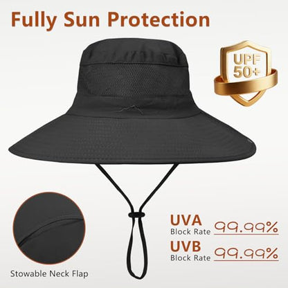 ZOORON Sun Hats for Men Women Fishing Hat with Neck Flap,UPF 50+ Sun Hat Waterproof Wide Brim Bucket Hats for Safari Hiking - color: 1-black-arm Sleeves