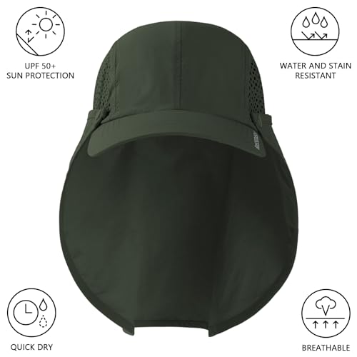 BASSDASH UPF 50+ Foldable Fishing Hat Baseball Cap with Removable Neck Flap Portable for Men Women Golf Hiking - color: Army Green With Unfoldable Brim