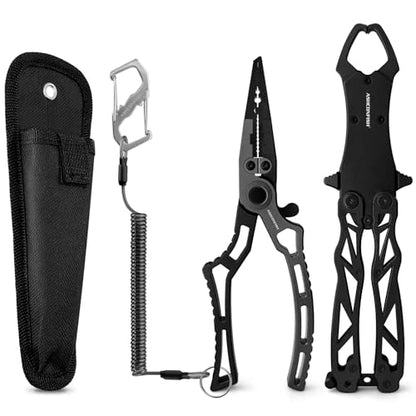Ashconfish Fish Lip Gripper Pliers - Upgraded Muti-Function Aluminum Alloy Hook Remover and Split Ring Pliers for Fly Fishing, Ice Fishing, Fishing Gear (Black) - color: Black