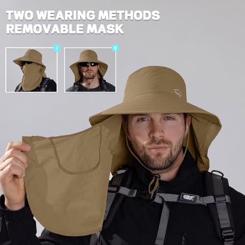 Rosoz Sun Hat for Men Women with Neck Flap,Wide Brim UPF50+ Fishing Hat with Detachable Face Cover Outdoor Sun Protection Hat - color: 1pack-brown