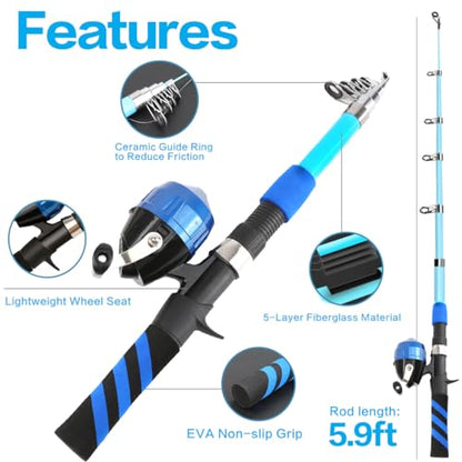 Collapsible Telescopic Fishing Rod and Reel Combo Push Button Small Fishing Pole Kit Beginner Youth Boys Fishing Starter Set Tackle - color: Blue, size: 5.9FT