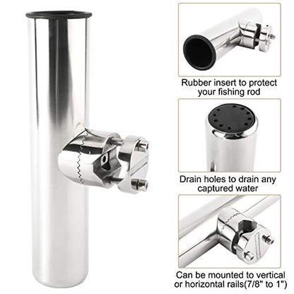 NovelBee 4pcs Stainless Steel Clamp on Fishing Rod Holders with Black Rubber Insert for Rails 7/8" to 1"