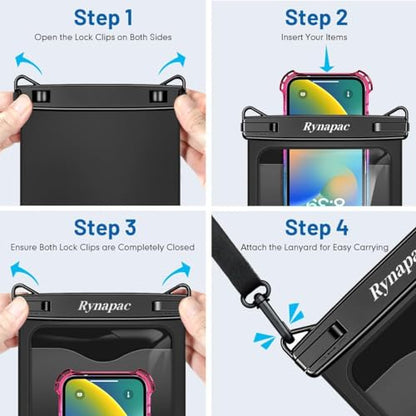 Rynapac Large Waterproof Phone Pouch [Up to 10"] - 2 Pack IPX8 Waterproof Phone Case for iPhone 17 16 15 Pro Max Galaxy S26 Ultra, Touchscreen & Underwater Photography, Beach Cruise Essentials 2026 - color: [Black + Black] Large Waterproof Phone Pouch, si