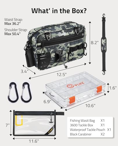 CVLIFE Fishing Tackle Bag Waist Pack with Rod Holder, Water Resistant Fanny Pack Includes 3600 Tackle Box, Waterproof Pouch & Carabiners, Convertible Sling Bag with Net Holster for Gear - color: Tactical Camo