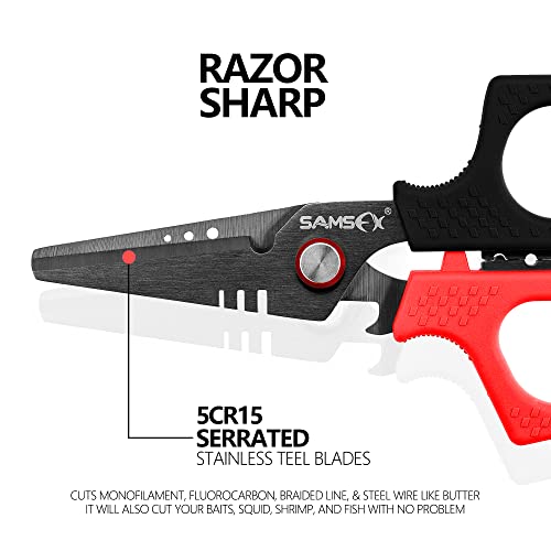 SAMSFX 6.5" Pro Fishing Shears Dual Serrated Blades, Fishing Braided Line Scissors with Titanium Coating, Non-Slip Grip & Multifunction Tool, Includes Hard Molded Locking Sheath & Coiled Lanyard - color: A: Red & Black Kraton Handle, Hard Sheath