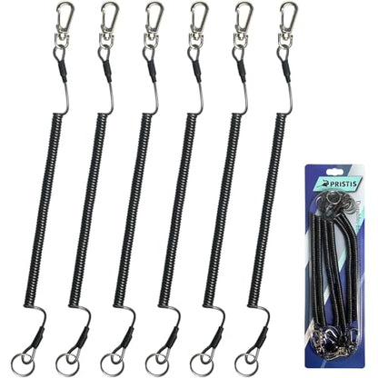 Pristis 6 pcs Fishing Coiled Lanyards, Heavy-duty Retractable Keychain Pole Tether, Safety Leash Steel Wire & Carabiner Clip - color: Black