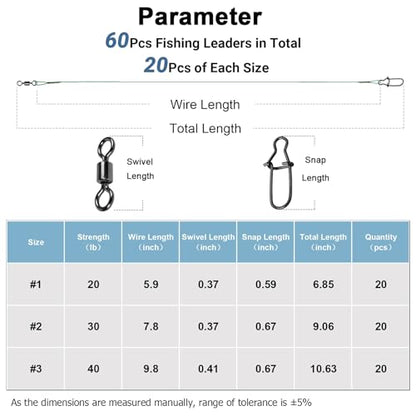 AMYSPORTS Freshwater Rigs Fishing Leaders Saltwater Heavy Duty Fishing Leader Stainless Rig Swivels Wire Leader Lure Black Nickel 60pcs