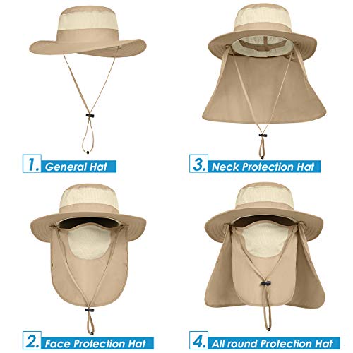 IYEBRAO Mens Outdoor Sun Hat with Face Neck Flap UV Protection Wide Brim Fishing Hat for Hiking Safari Gardening UPF 50+ - color: Khaki