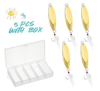 Fishing Spoons Fishing Lures Hard Metal Spinner Baits Reflective Casting Spoon Treble Hooks Jigs for Freshwater Saltwater，5 PCS with Box - color: Golden, size: 1/2oz