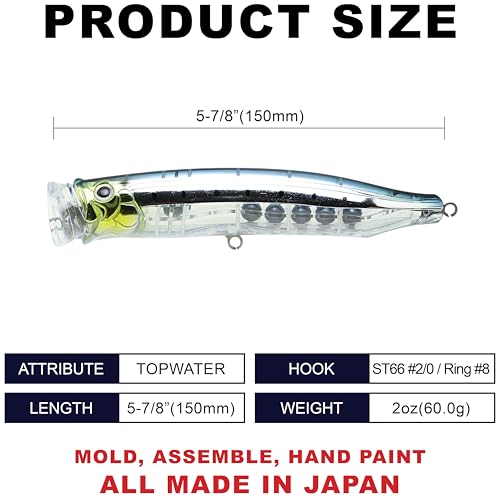 TACKLE HOUSE Feed Popper 150, Saltwater Tuna Fishing Lures, Topwater, GT, Bonito, Yellowtail, Yellowfin, Bluefin Tuna, Floating, Fishing Gear, Fishing Accessories, Fishing Tackle - color: NR IWASHI