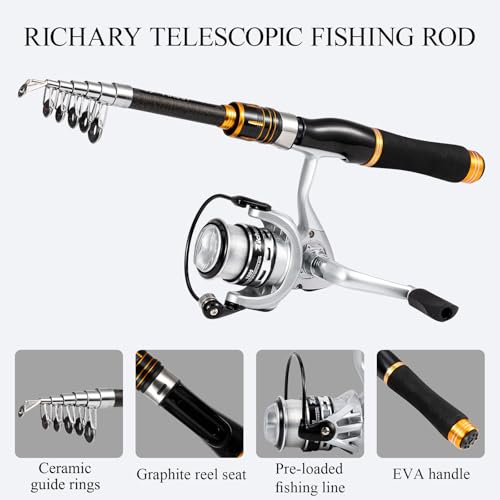 Telescopic Fishing Rod and Reel Combo, Complete Fishing Kit with Lures Tackle Box, Freshwater Saltwater Spinning Rod for Bass Trout Fishing Pole Beginner (5.2ft)