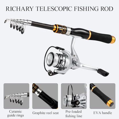 Telescopic Fishing Rod and Reel Combo, Complete Fishing Kit with Lures Tackle Box, Freshwater Saltwater Spinning Rod for Bass Trout Fishing Pole Beginner (5.2ft)