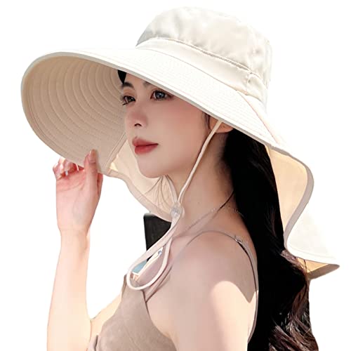 HUAMULAN Men Summer Sun Hat Women Safari Wide Brim Fishing Hats UV Protection Neck Flap Bucket Gardening Hiking Hunting Cap - color: Bg8112-beige