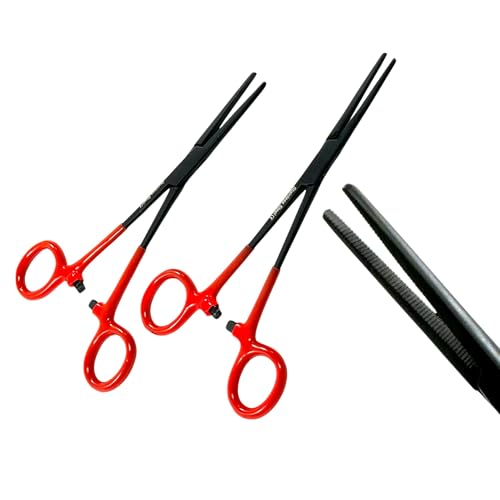 Set of 2pcs Crile Hemostat Forceps 6.25in Black Stainless Steel, Red Vinyl Grip | Multi-Purpose Locking Pliers for Lab, Crafts, Fishing