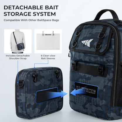 KastKing BaitSpace Fishing Sling Bag, Fishing Backpack with Rod & Beverage Holder, Tackle Bag for Fishing Gear - color: F: Blue Camo - with (2) 3600 tackle boxes, size: Large