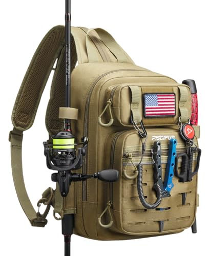 Piscifun Fishing Backpack Tackle Bag with 2 Rod Holders, Multi-Compartment Storage, MOLLE System, Water-Resistant Lightweight Outdoor Pack - color: Double Shoulder - Khaki, style: Standard