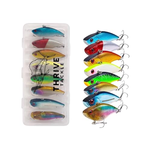 8-Piece Lipless Crankbait Vib Fishing Lure Set with Tackle Box - Rattle Bait VIB Lures for Freshwater and Saltwater Bass Fishing - Vibrating Hard Baits with Treble Hooks | Thrive Tackle