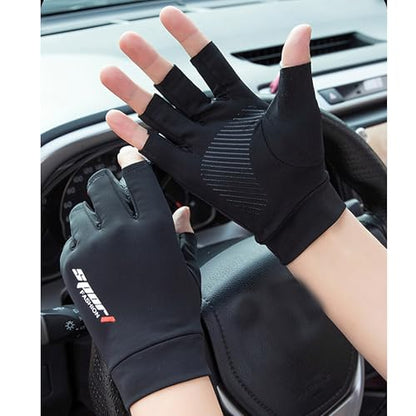 UTOWO Mens Spring/Summe Half Finger Gloves Outdoor Hiking Driving Cycling Riding Breathable Sunblock Gloves UV Protection - color: Black