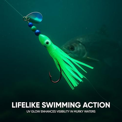 Squid Fishing Hoochies 10 Pack -Glow Fresh Water Kokanee Salmon Trolling Lures with Pre-Rigged Octopus Hooks - Spinner Blades, Synthetic Skirts Kokanee Hoochies for Salmon Fishing - style: Squid Fishing Hoochies 10-pack